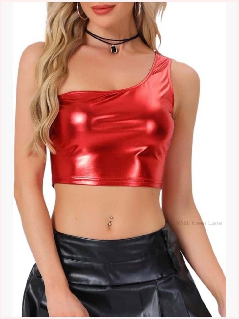 One Shoulder Metallic Crop Tank Top Sleeveless Y2K Party Clubwear Shiny
